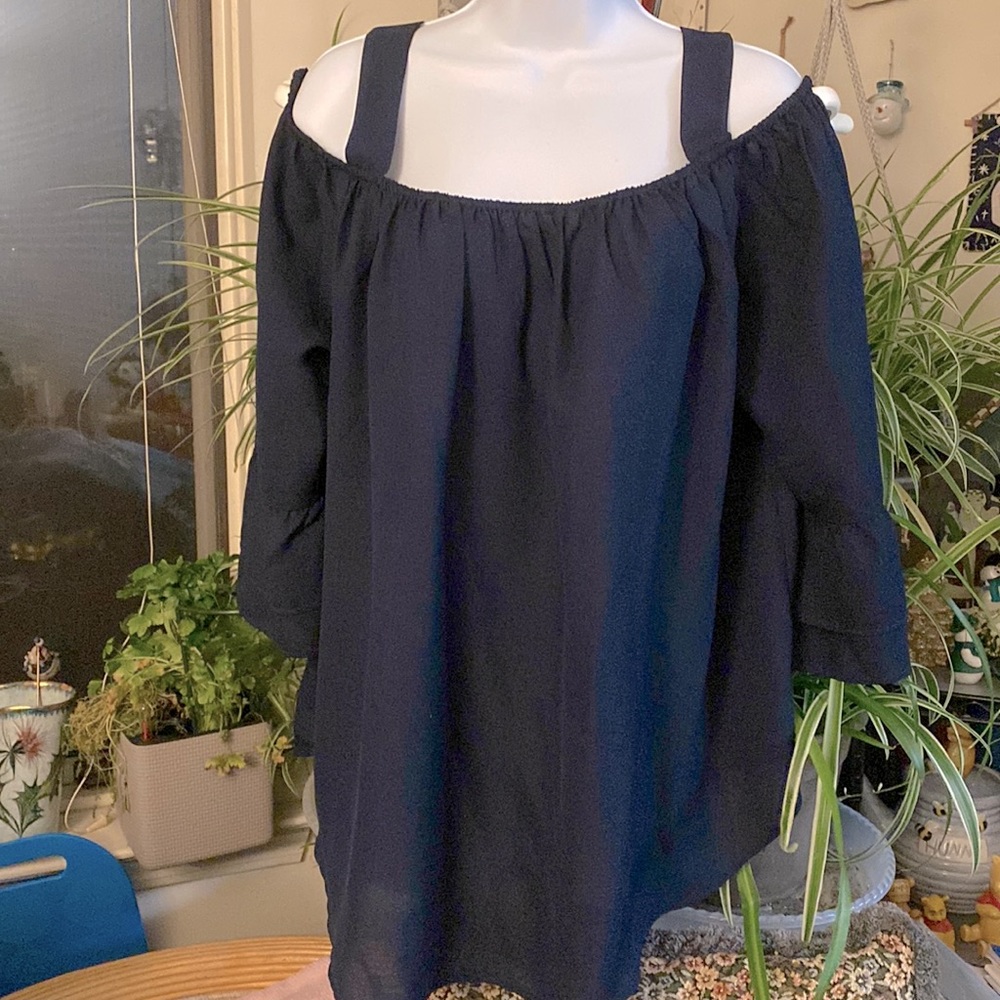 Hot in Hollywood Dark Blue Top, Ruffle Sleeves & Adjustable Shoulder Straps, 1X